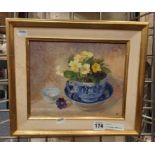 OIL ON CANVAS - PRIMROSES IN SPODE CUP SIGNED PAMELA KAY 19.5CM h X 24.5CM INNER FRAME