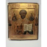 19THC ST NICHOLAS RUSSIAN ICON - TEMPERA PAINTING ON WOOD 31.9CM X 26.6CM WITH CERTIFICATE FROM