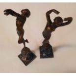 PAIR OF BRONZED SPELTER FIGURES ON MARBLE BASE - 24 CMS (H) & 23.5 CMS (H)