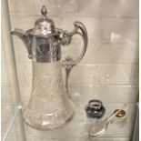 CUT GLASS CLARET JUG, INKWELL, GLASS POT WITH SHOT & A POWDER FLASK