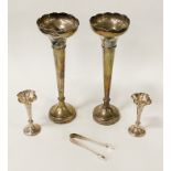 PAIR OF HM SILVER VASES, PAIR OF POSY VASES & SUGAR TONGS LARGEST 30.5CMS (H) & SMALLEST 12CMS (H)