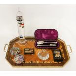 HM SILVER CASED CUTLERY, HAND PAINTED SNUFF BOXES & PAPERWEIGHTS ETC