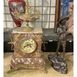 PINK ONYX GILT CLOCK WITH A BRASS FIGURE OF A BOY SIGNED ''RANCOULET''