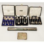 3 CASES OF H/M SILVER SPOONS, ART DECO H/M SILVER PIN TRAY & BREAD KNIFE