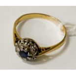 18CT GOLD SAPPHIRE & DIAMOND RING - SIZE O - 2.2 GRAMS APPROX