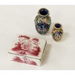 BATERSEA OF BILSTON PORCELAIN BOX WITH A PAIR OF MINIATURE CLOISSONE VASES