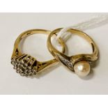 TWO 9CT GOLD RINGS - SOME DIAMOND & PEARL - SIZES L & L/K 4.6 GRAMS APPROX
