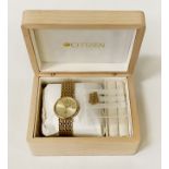 9CT GOLD CITIZEN GENTS WRISTWATCH BOXED & FULLY WORKING WITH SPARE LINKS 45.2 GRAMS - TOTAL APPROX