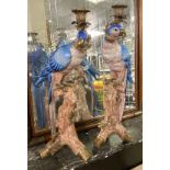 PAIR OF BRONZE & PORCELAIN PARROT CANDLESTICKS