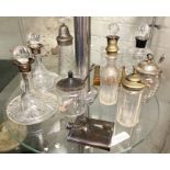 QTY OF GLASS, SILVER COLLARED DECANTERS & SOME SILVER PLATE