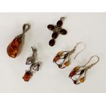 COLLECTION OF SILVER & AMBER PENDANTS / EARRINGS