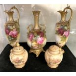 5 ROYAL WORCESTER PIECES OF CHINA, PAIR OF JUGS & PAIR OF VASES - ONE IS DAMAGED