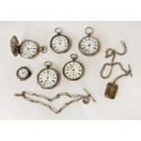 5 H/M SILVER POCKET WATCHES & 2 OTHERS 2 SILVER ALBERT CHAINS & FIESTA BOX