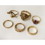 SIX 9CT GOLD RINGS - APPROX 16.3 GRAMS
