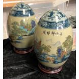 PAIR OF ORIENTAL EGGS ON STANDS - HAND PAINTED - 35 CMS (H)