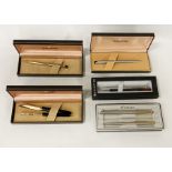 COLLECTION OF PENS TO INCLUDE 4 SHAFFER PENS BOXED (ONE HAS A 14K GOLD NIB) WITH A PAIR OF PARKER