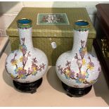 TWO CLOISONNE BOXES VASES WITH BASES 17.5CMS (H) EXC BASES