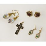 4 PIECES OF 9CT GOLD JEWELLERY TO INCLUDE DIAMOND CROSS & EMERALD EARRINGS ETC 9.2 GRAMS TOTAL INC