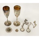 TWO SILVER POCKET WATCHES TWO GOBLETS & OTHER ITEMS