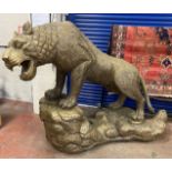 CARVED WOOD & BRASS LION - TAIL NEEDS REPAIRING A/F