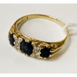 GOLD, DIAMOND & 3 SAPPHIRE RING - SIZE O