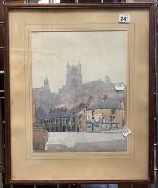 FRAMED WATERCOLOUR - STREET SCENE WITH A CATHEDRAL IN BACKGROUND