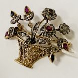 18CT GOLD & OLD CUT DIAMOND, RUBY & SAPPHIRE BROOCH