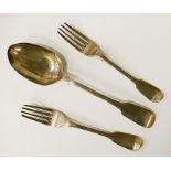 TWO LONDON SILVER FORKS - GEORGIAN WITH A GEORGIAN SILVER SPOON - APPROX 5 OZ