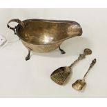 SILVER GRAVY BOAT & 3 SPOONS