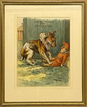 LOUIS WAIN SIGNED WATERCOLOUR 'PUNCH AND HIS DOG' - 28 X 36 CMS WITHOUT FRAME AND IS IN GOOD