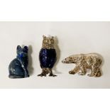 TWO HM SILVER ANIMAL FIGURES & A CAT FIGURE