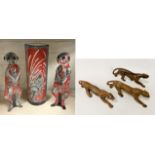 3 X LEOPARDS & 2 MEERKATS AND VASE- CARVED WOOD WITH 2 MEERKAT FIGURES AND A VASE BY LINDA HOJEM