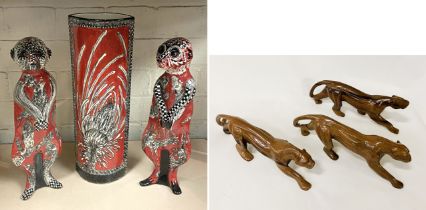 3 X LEOPARDS & 2 MEERKATS AND VASE- CARVED WOOD WITH 2 MEERKAT FIGURES AND A VASE BY LINDA HOJEM