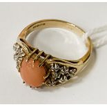 9CT GOLD CORAL & DIAMOND RING SIZE L