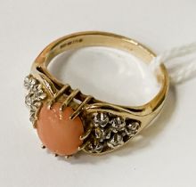 9CT GOLD CORAL & DIAMOND RING SIZE L