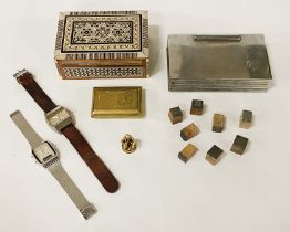 INTERESTING ITEMS - LOT INCLUDES VINTAGE WATCHES , BRASS VESTA, MINIATURE SEALS OF STAMPS