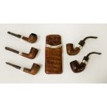 FIVE PETERSON OF DUBLIN SILVER COLLARED PIPES WITH SILVER & LEATHER CIGAR CASE
