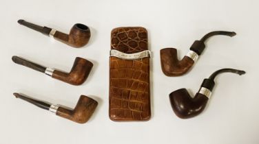 FIVE PETERSON OF DUBLIN SILVER COLLARED PIPES WITH SILVER & LEATHER CIGAR CASE