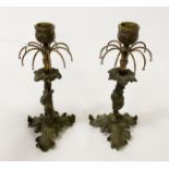 PAIR OF BRONZE FIGURAL SMALL CANDELABRA - NEEDS GLASS DROPS 22CMS (H)