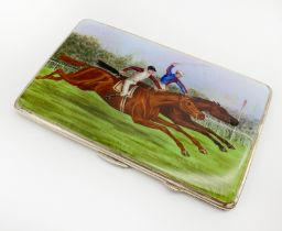 SILVER ENAMELLED CIGARETTE CASE DEPICTING HORSE RACING SCENE