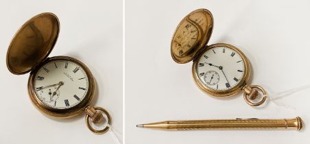 2 GOLD PLATED POCKET WATCHES - WALTHAM ETC & GOLD PLATED PEN