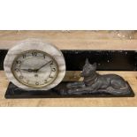 ART DECO MARBLE CASE DOG FIGURE MANTLE CLOCK