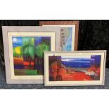 ENGLISH SCHOOL (XX CENTURY) THREE BRIGHT LANSCAPES - COLOUR LITHOGRAPHS 30CM X 57CM (2) & 45CM X