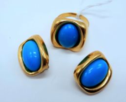 18CT GOLD TURQUOISE JEWELLERY SET - RING & EARRINGS