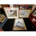 SIGNED WATERCOLOUR OF A VILLAGE SCENE WITH WATERCOLOUR OF THE ALPS BY JOHN BRETTE & WATERCOLOUR OF