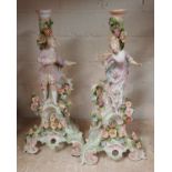 PAIR OF CONTINENTAL PORCELAIN FIGURAL CANDLESTICKS & CHERUB MIRROR - 36 CMS (H) APPROX