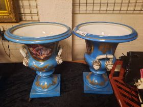 PAIR OF LIGHT BLUE SEVRES STYLE URNS - 48 CMS (H) APPROX