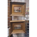 PAIR OF GILT FRAMED WATERCOLOURS - FISHING BOATS - SIGNED - 12 X 17 CMS APPROX INNER FRAME
