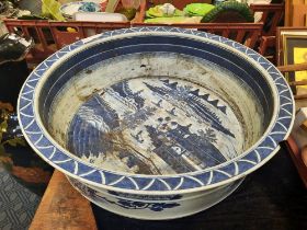 WITHDRAWN EARLY BLUE & WHITE CHINESE CISTERN 19TH CENTURY A/F - 71 CMS (DIAMETER) X 21 CMS (H)