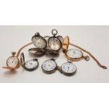 COLLECTION OF FOB & POCKET WATCHES - MOSTLY SILVER, TWO ROLLLED GOLD HUNTERS